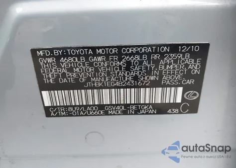 2011 Lexus Es 350 z USA, uszkodzony, nr VIN JTHBK1EG4B2431672